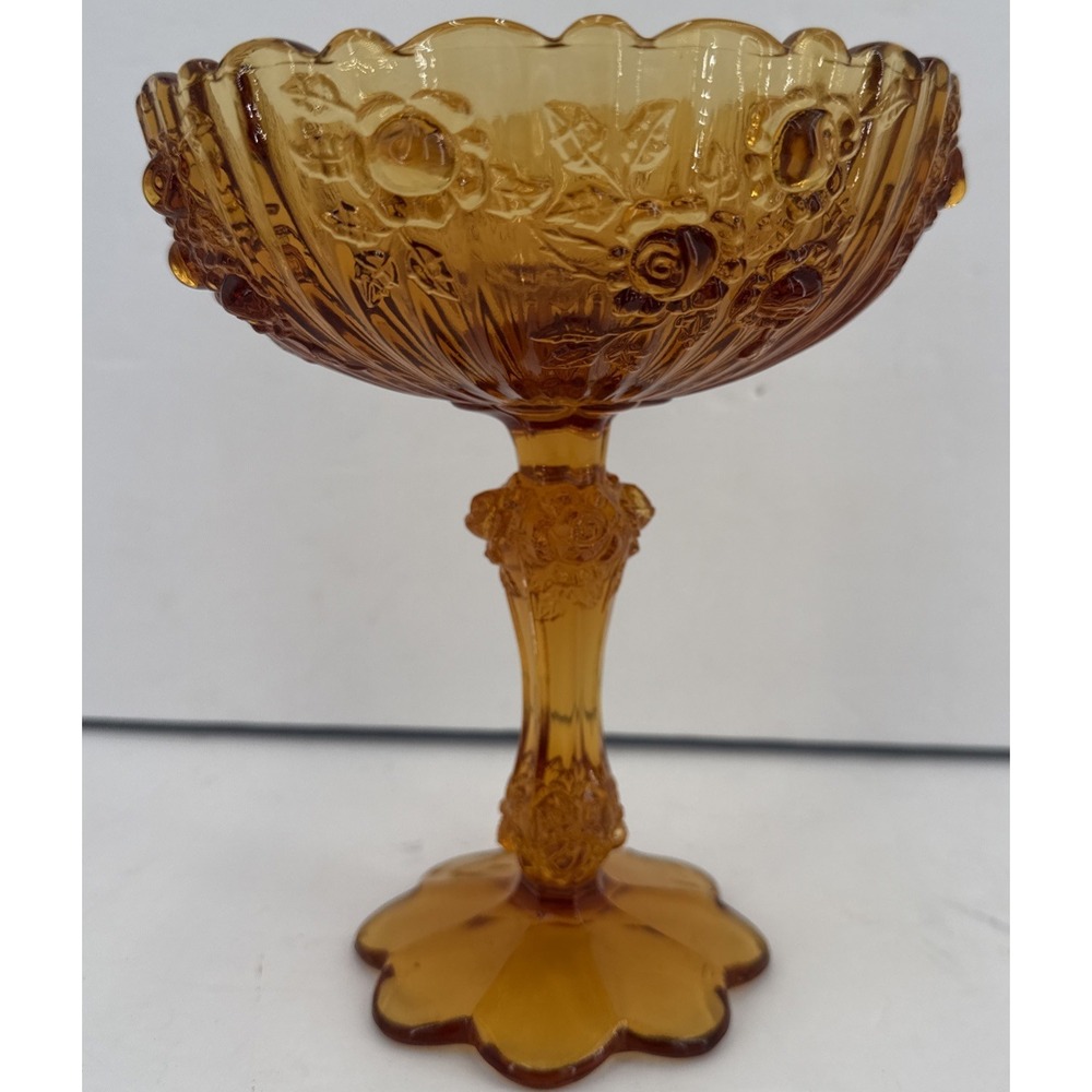 Vintage Fenton Rose Amber Footed Pedestal Glass Compote Candy Dish Trinket Bowl